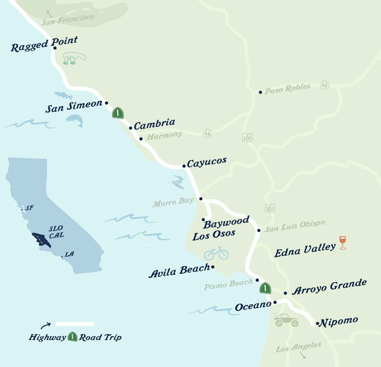 map of Highway 1 towns