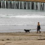Couple with dog at Cayucos beach