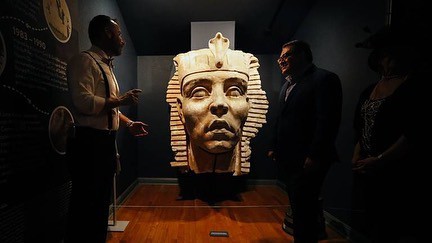 Sphinx head from a movie set on display at the Guadalupe-Nipomo Dunes Center