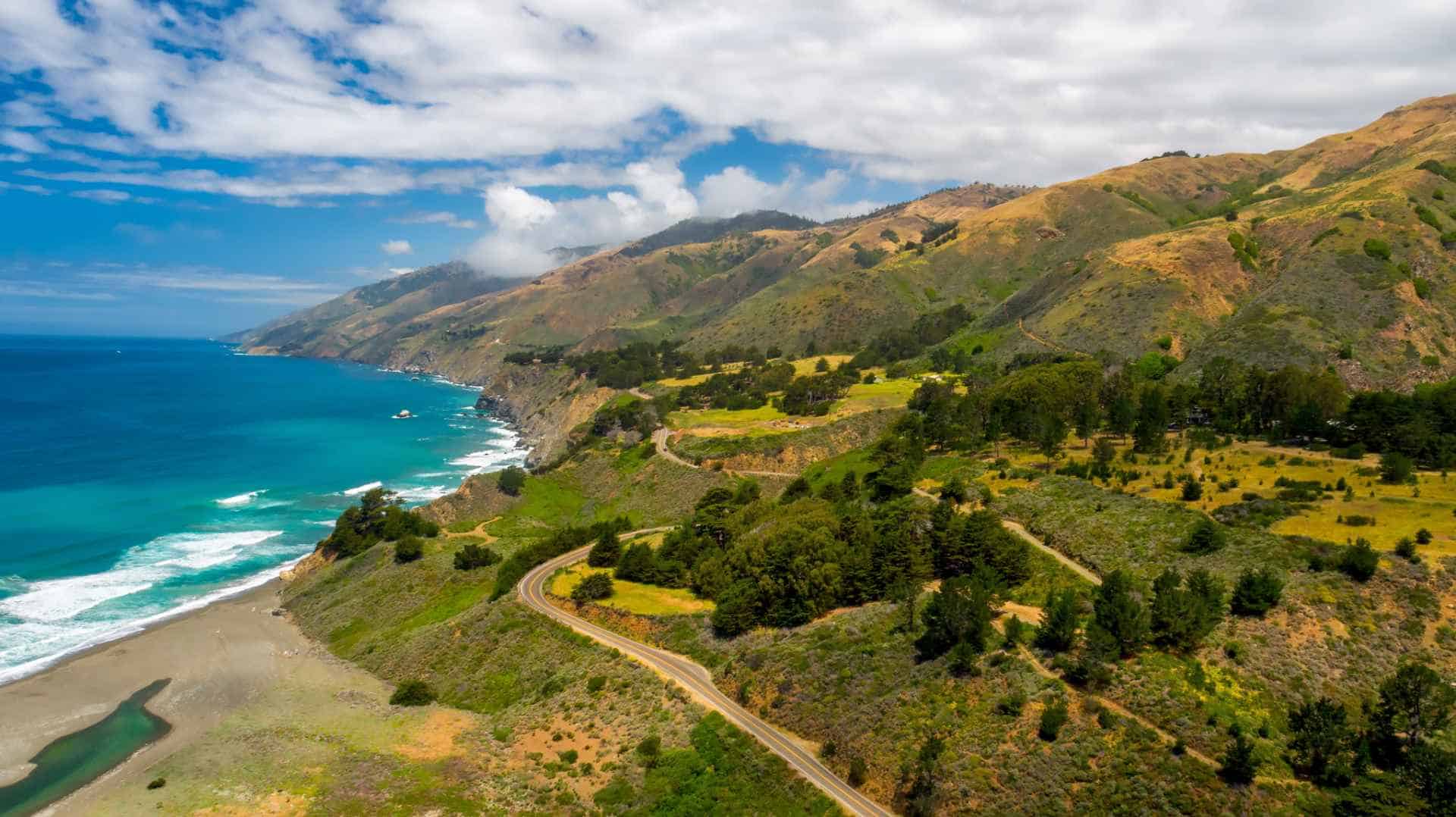 Aerial view of Highway 1 winding through the central coast