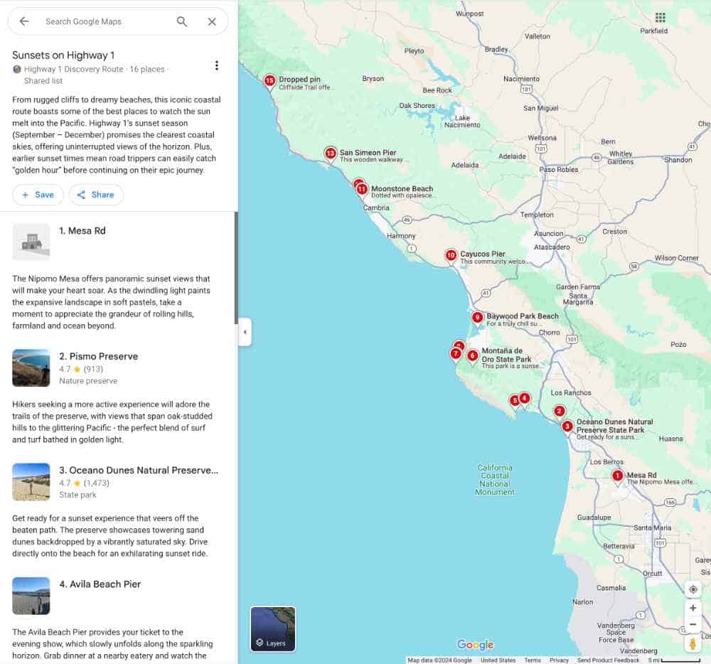 Map of sunset spots on Highway 1